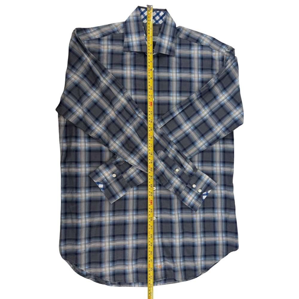 Thomas Dean Mens L Pima Cotton Plaid Button Down Shirt Grey Blue Gingham Trim - Picture 7 of 7